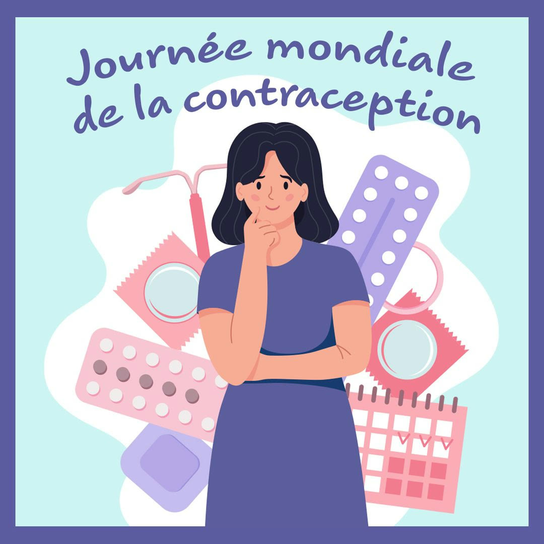 World Contraception Day poster: an illustrated young woman surrounded by contraceptive options — pill packs, condoms, an IUD, a ring, a patch and a cycle calendar.